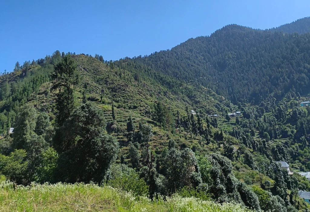 Clear autumn skies over Kamrunag temple, the best time to visit the trek