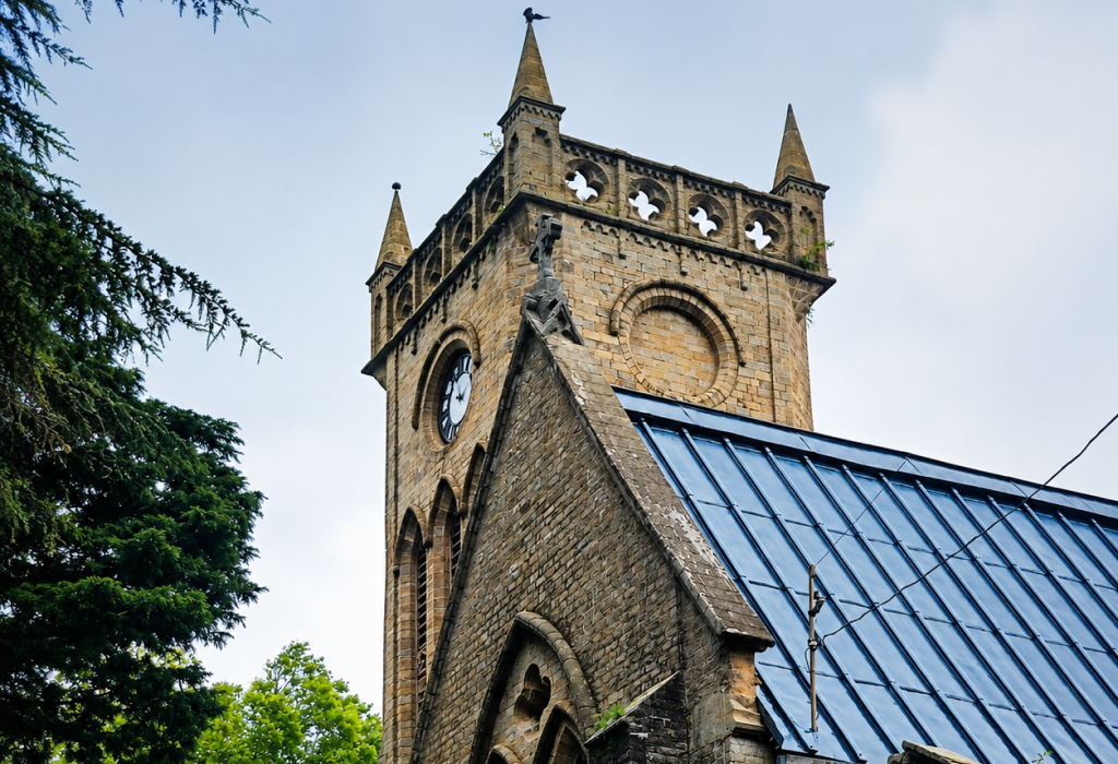 Panoramic view of Kasauli hill station in Himachal Pradesh surrounded by pine forests
